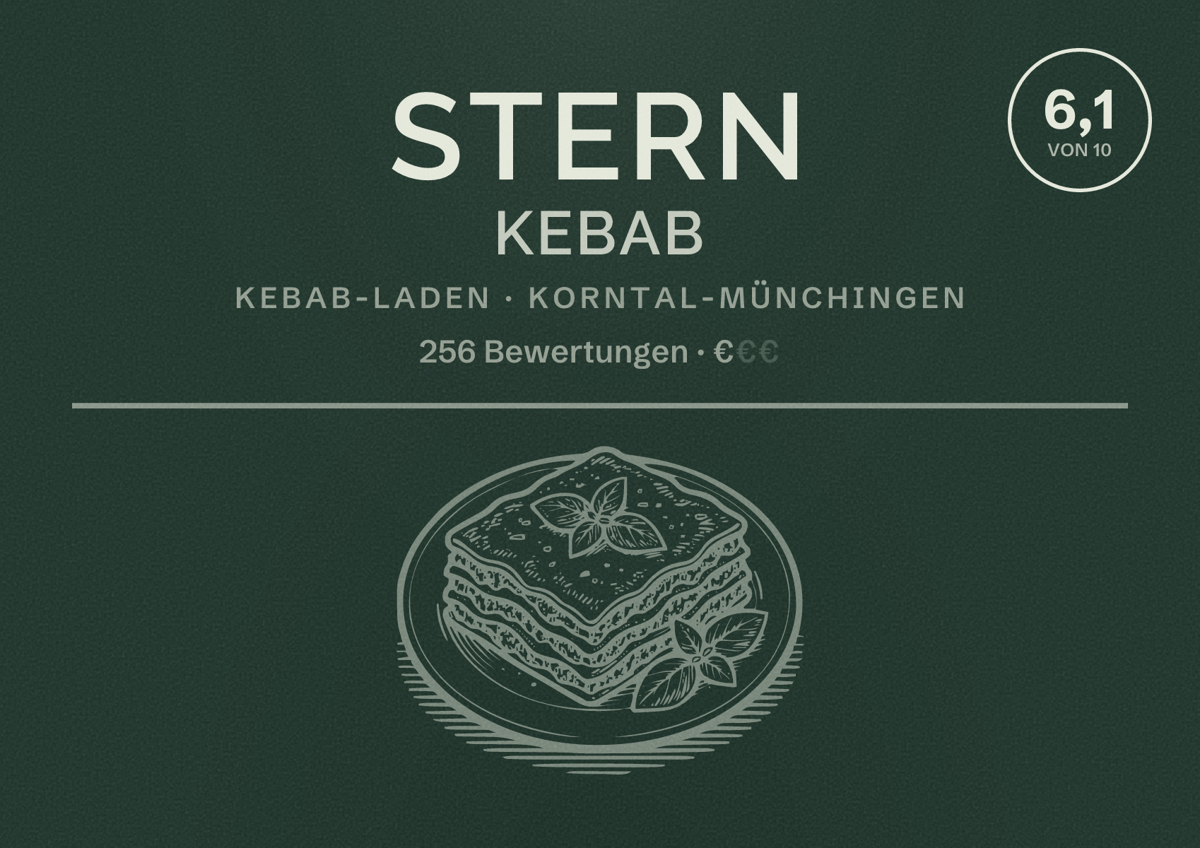 Illustriertes Poster von Stern Kebab, Kebab-Laden in Korntal-Münchingen: Bewertung 6,1 von 10 aus 256 Bewertungen, Preisniveau €