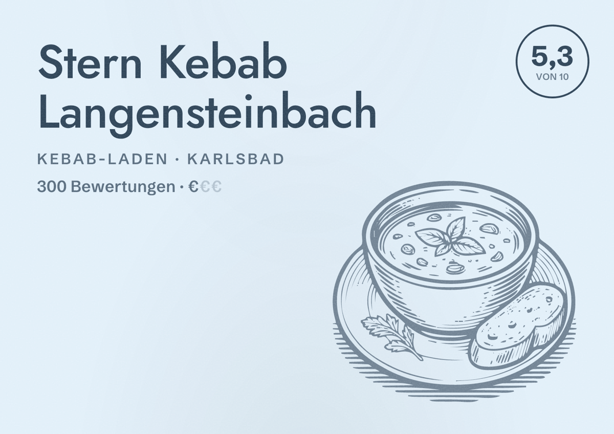 Illustriertes Poster von Stern Kebab Langensteinbach, Kebab-Laden in Karlsbad: Bewertung 5,3 von 10 aus 300 Bewertungen, Preisniveau €