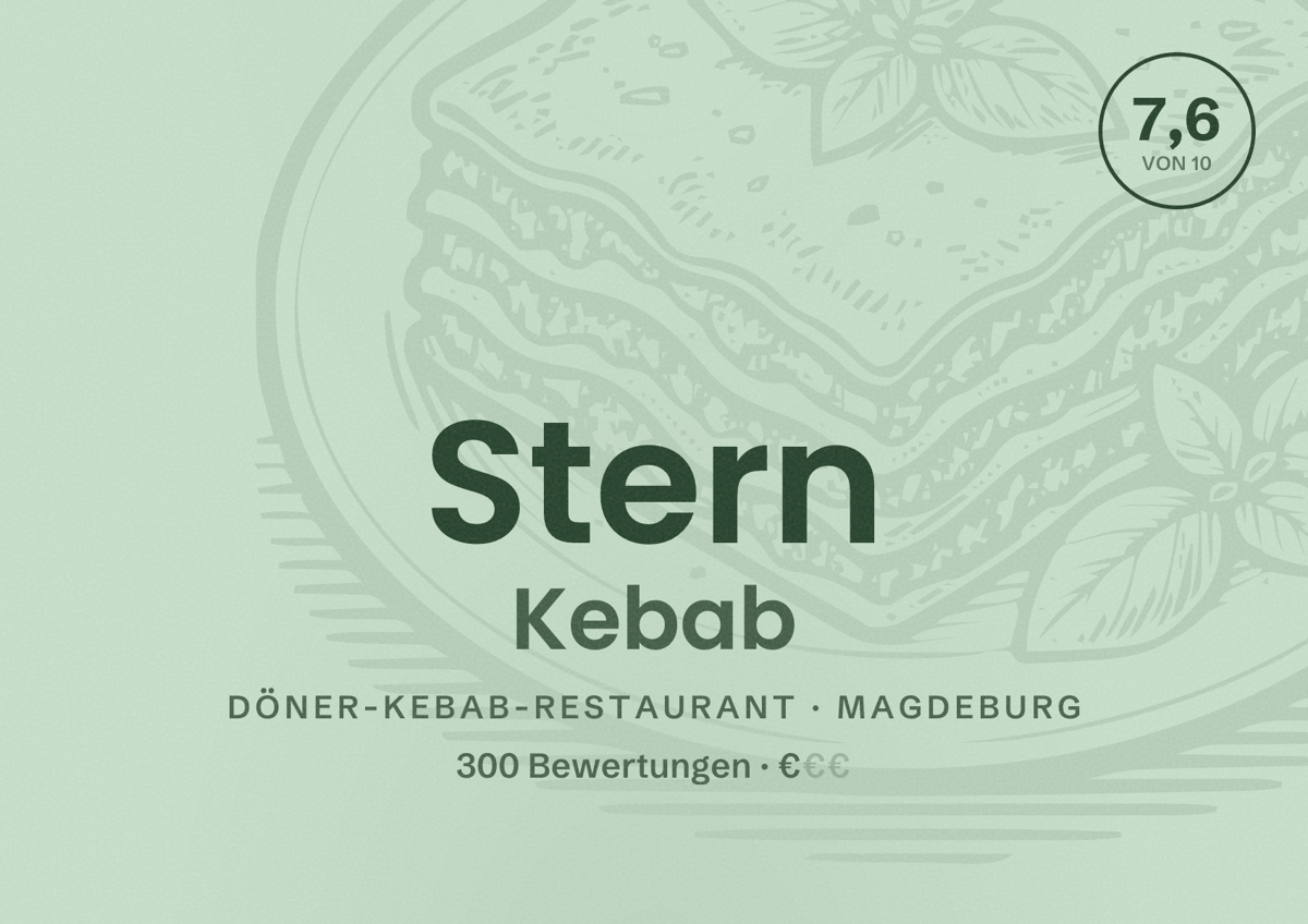 Illustriertes Poster von Stern Kebab, Döner-Kebab-Restaurant in Magdeburg: Bewertung 7,6 von 10 aus 300 Bewertungen, Preisniveau €