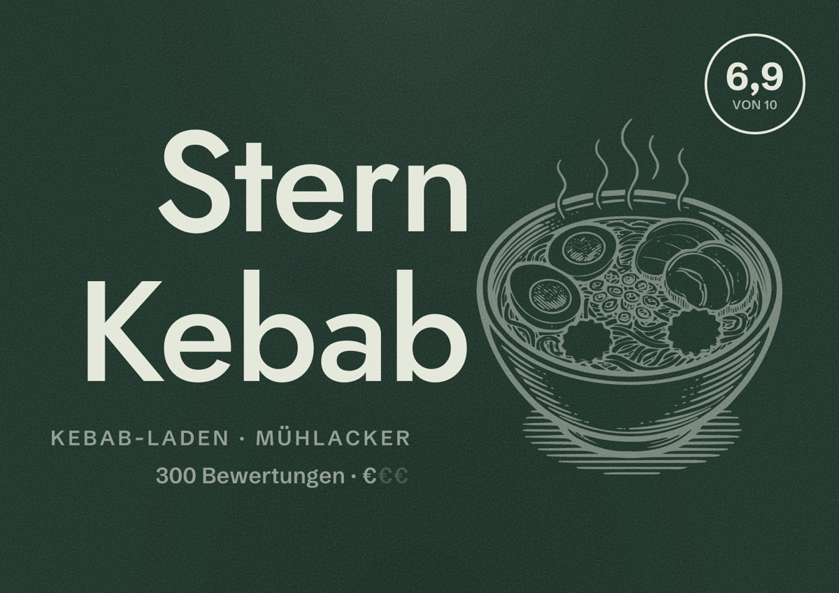 Illustriertes Poster von Stern Kebab, Kebab-Laden in Mühlacker: Bewertung 6,9 von 10 aus 300 Bewertungen, Preisniveau €