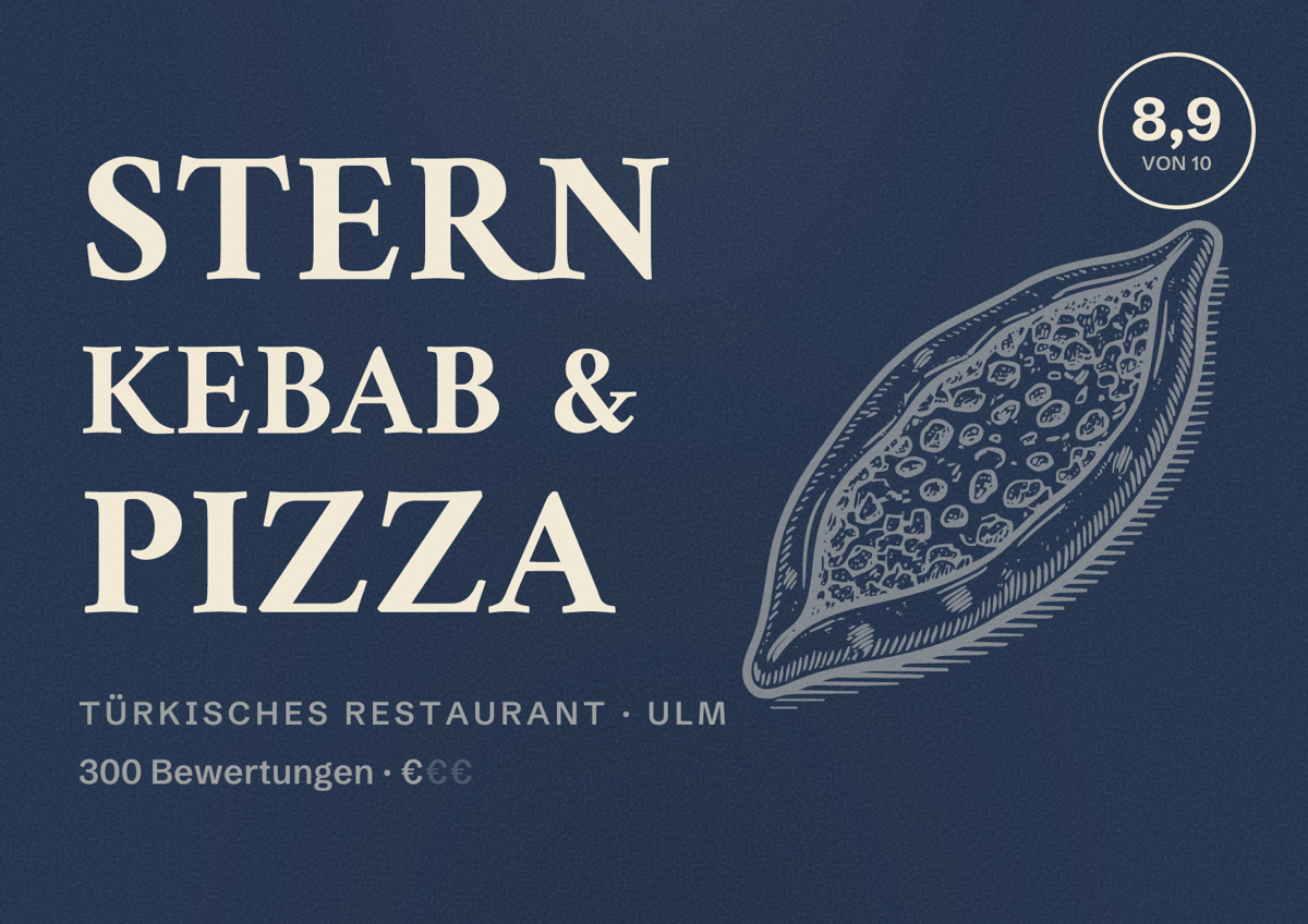 Illustriertes Poster von Stern Kebab & Pizza, Türkisches Restaurant in Ulm: Bewertung 8,9 von 10 aus 300 Bewertungen, Preisniveau €