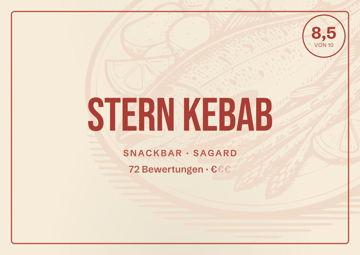 Illustriertes Poster von Stern Kebab, Snackbar in Sagard: Bewertung 8,5 von 10 aus 72 Bewertungen, Preisniveau €