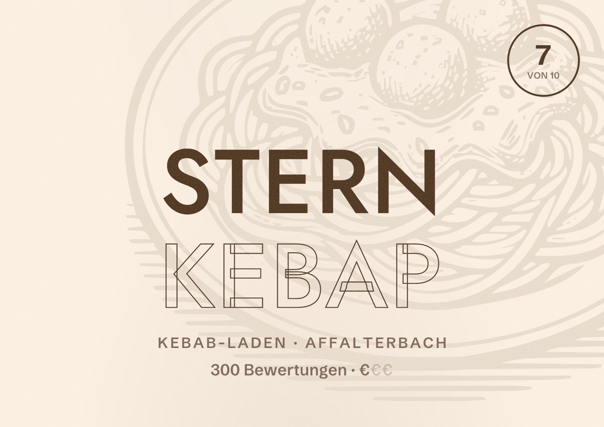 Illustriertes Poster von Stern kebap, Kebab-Laden in Affalterbach: Bewertung 7 von 10 aus 300 Bewertungen, Preisniveau €