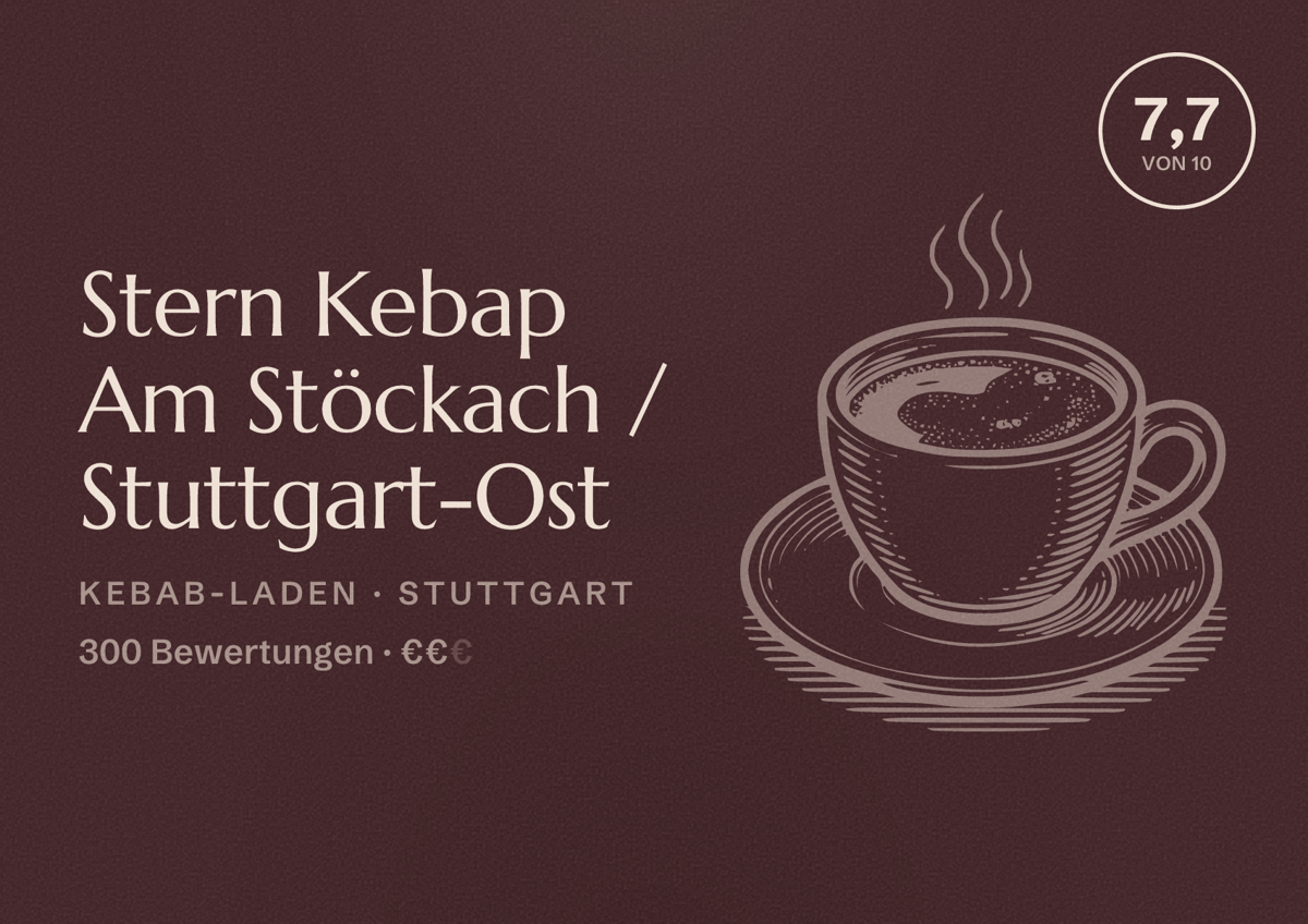 Illustriertes Poster von Stern Kebap Am Stöckach / Stuttgart-Ost, Kebab-Laden in Stuttgart: Bewertung 7,7 von 10 aus 300 Bewertungen, Preisniveau €€
