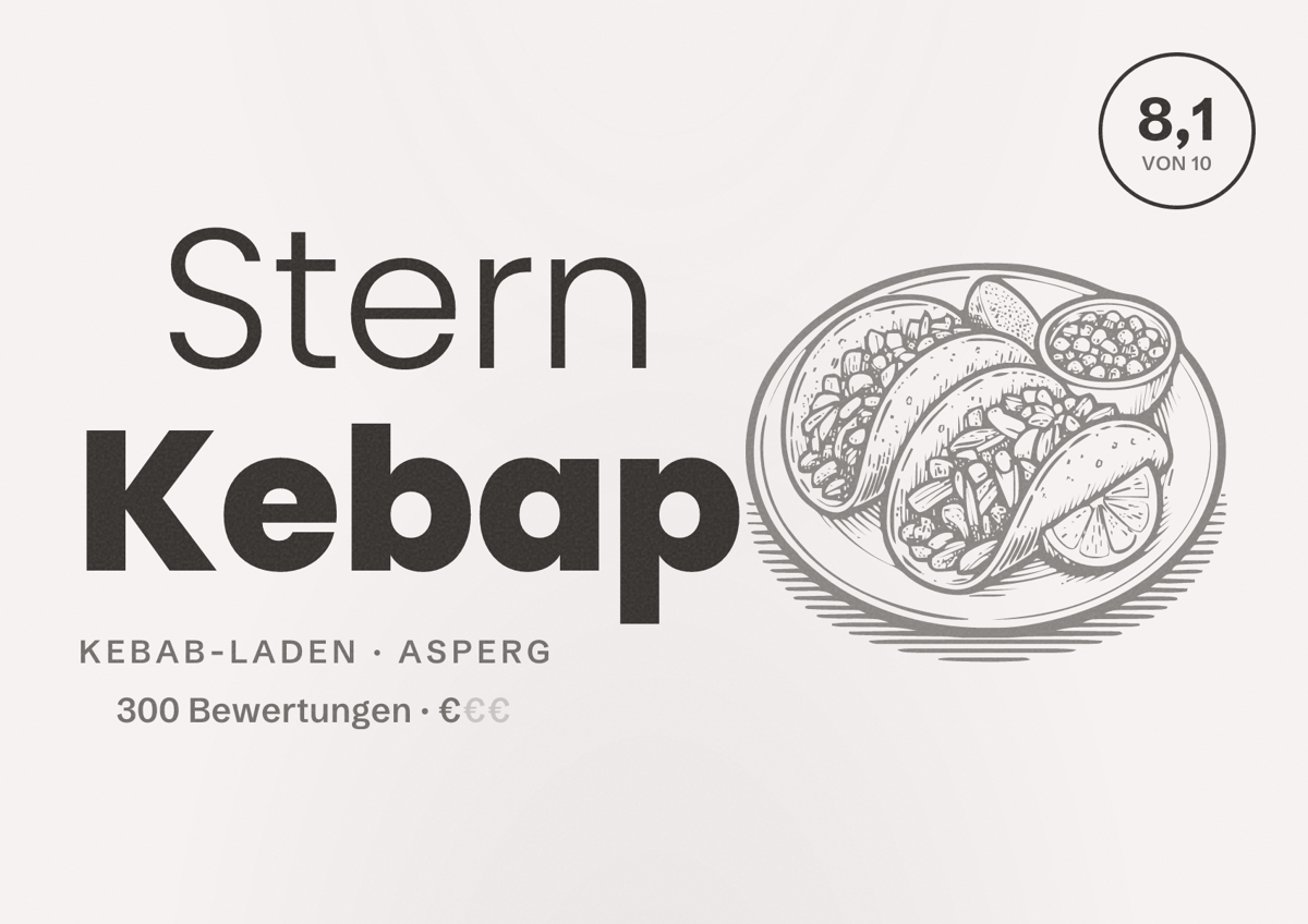 Illustriertes Poster von Stern Kebap, Kebab-Laden in Asperg: Bewertung 8,1 von 10 aus 300 Bewertungen, Preisniveau €