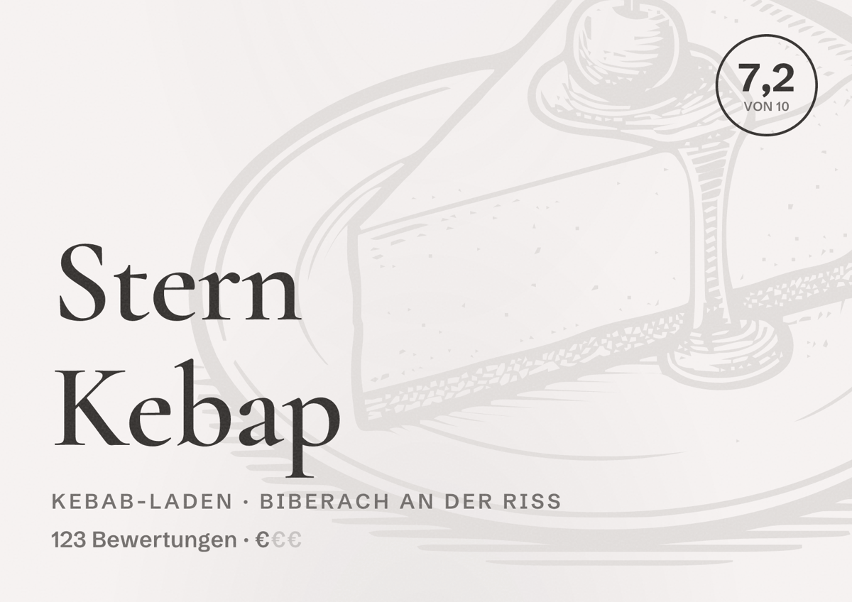 Illustriertes Poster von Stern Kebap, Kebab-Laden in Biberach an der Riß: Bewertung 7,2 von 10 aus 123 Bewertungen, Preisniveau €