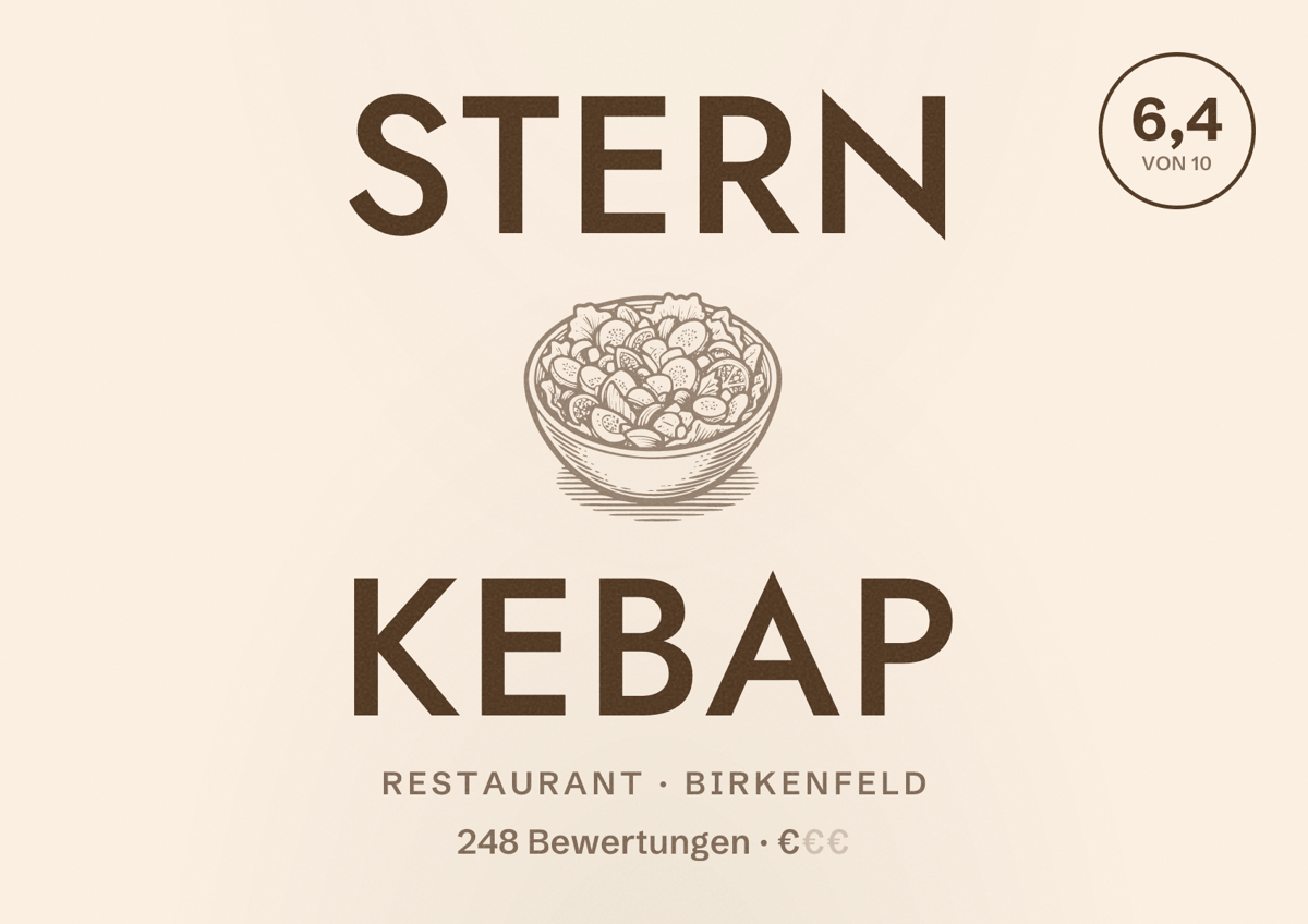 Illustriertes Poster von Stern Kebap, Restaurant in Birkenfeld: Bewertung 6,4 von 10 aus 248 Bewertungen, Preisniveau €