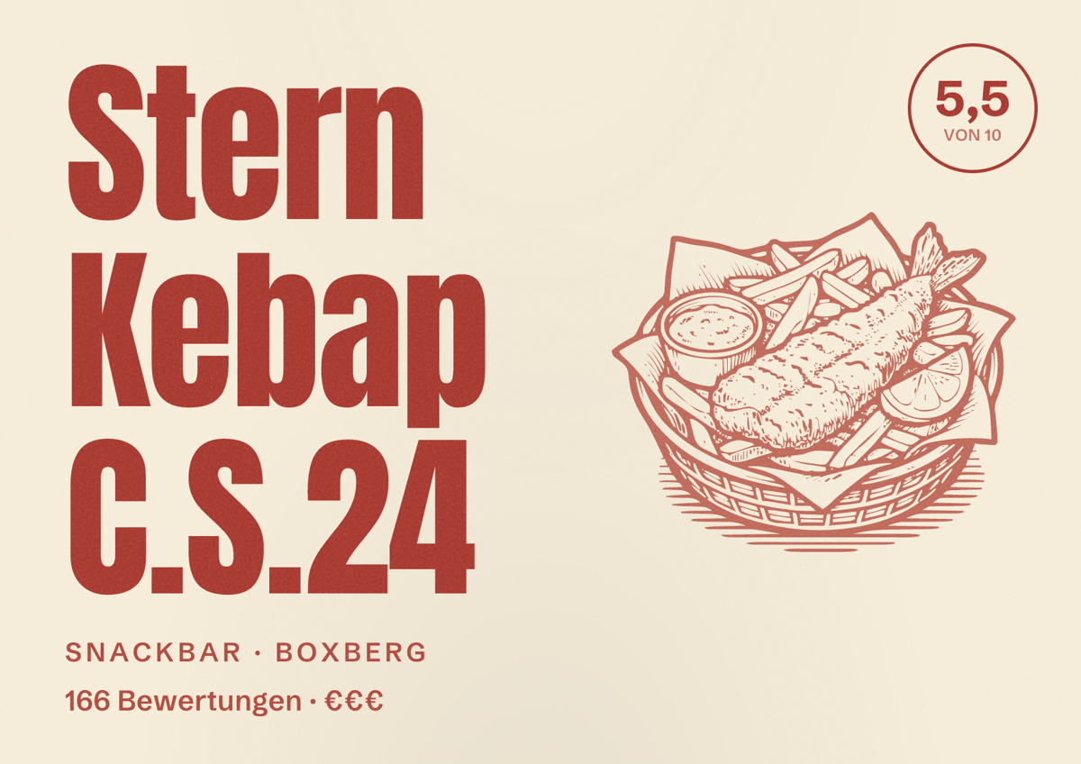 Illustriertes Poster von Stern Kebap C.S.24, Snackbar in Boxberg: Bewertung 5,5 von 10 aus 166 Bewertungen, Preisniveau €€€