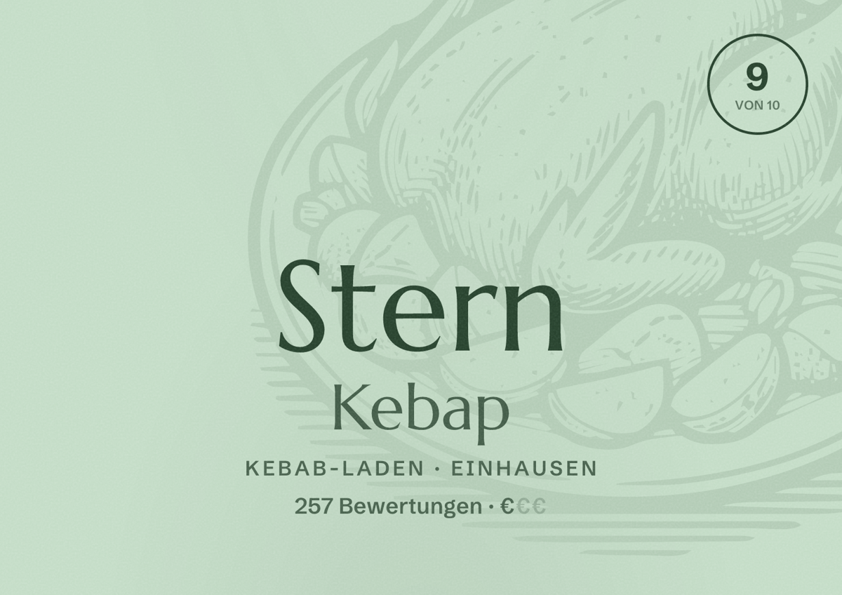 Illustriertes Poster von Stern Kebap, Kebab-Laden in Einhausen: Bewertung 9 von 10 aus 257 Bewertungen, Preisniveau €