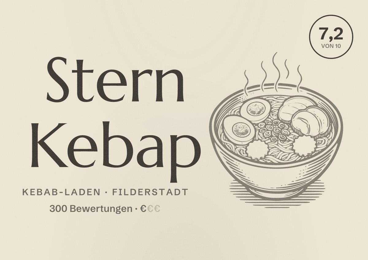 Illustriertes Poster von Stern Kebap, Kebab-Laden in Filderstadt: Bewertung 7,2 von 10 aus 300 Bewertungen, Preisniveau €