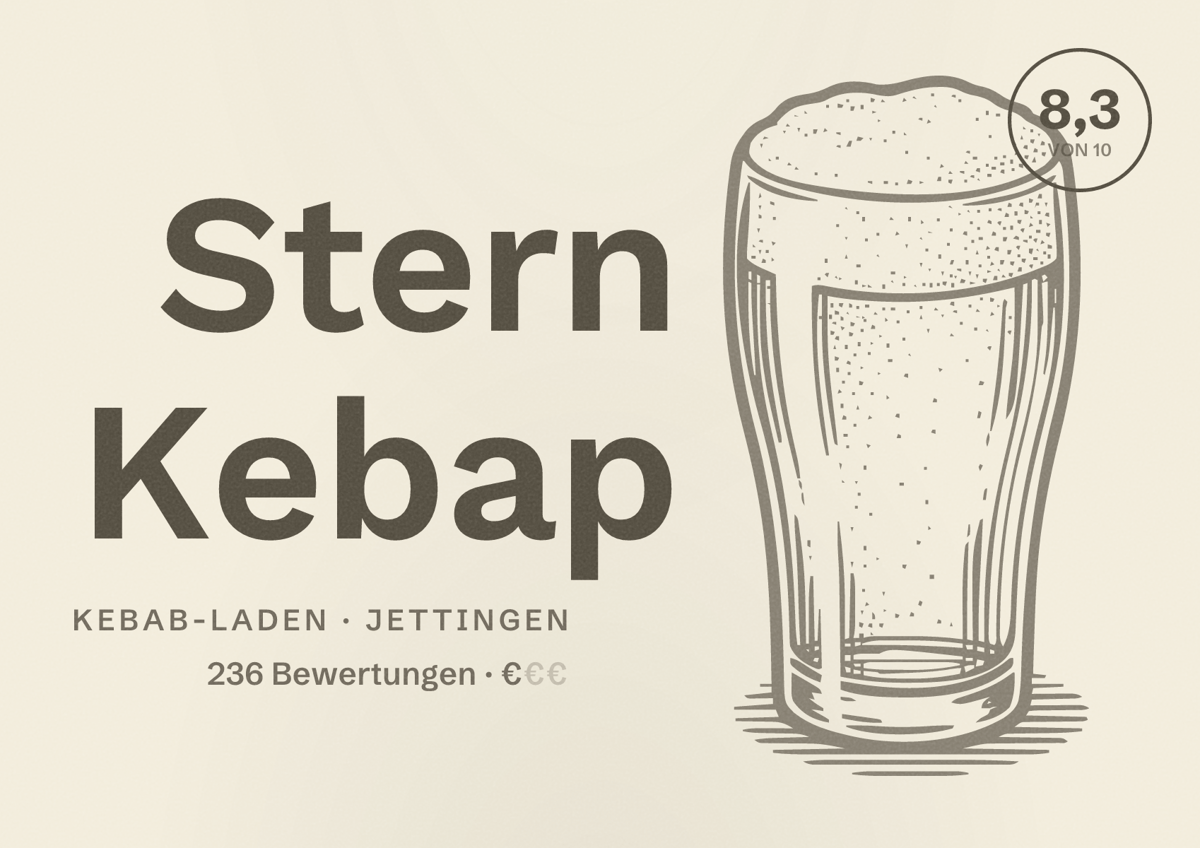 Illustriertes Poster von Stern Kebap, Kebab-Laden in Jettingen: Bewertung 8,3 von 10 aus 236 Bewertungen, Preisniveau €