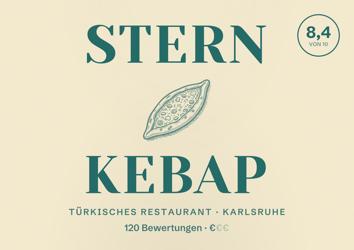 Illustriertes Poster von Stern Kebap, Türkisches Restaurant in Karlsruhe: Bewertung 8,4 von 10 aus 120 Bewertungen, Preisniveau €