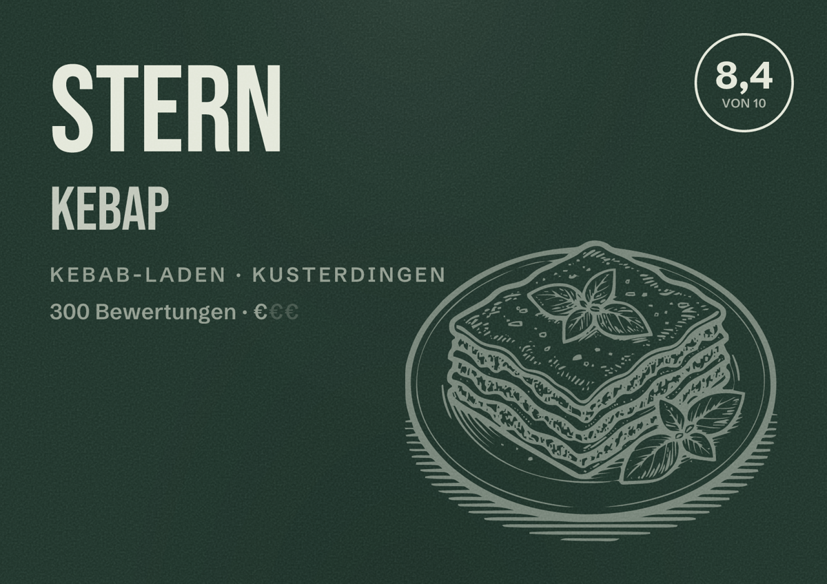 Illustriertes Poster von Stern Kebap, Kebab-Laden in Kusterdingen: Bewertung 8,4 von 10 aus 300 Bewertungen, Preisniveau €