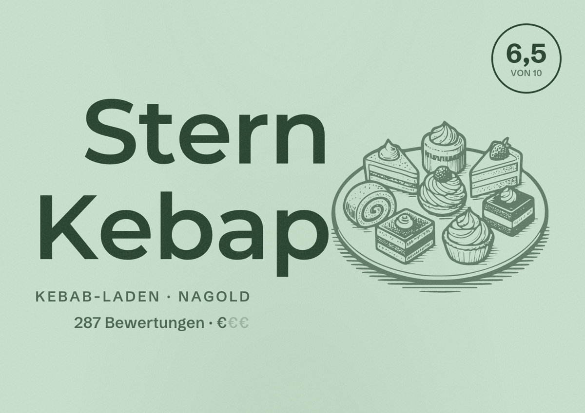 Illustriertes Poster von Stern Kebap, Kebab-Laden in Nagold: Bewertung 6,5 von 10 aus 287 Bewertungen, Preisniveau €