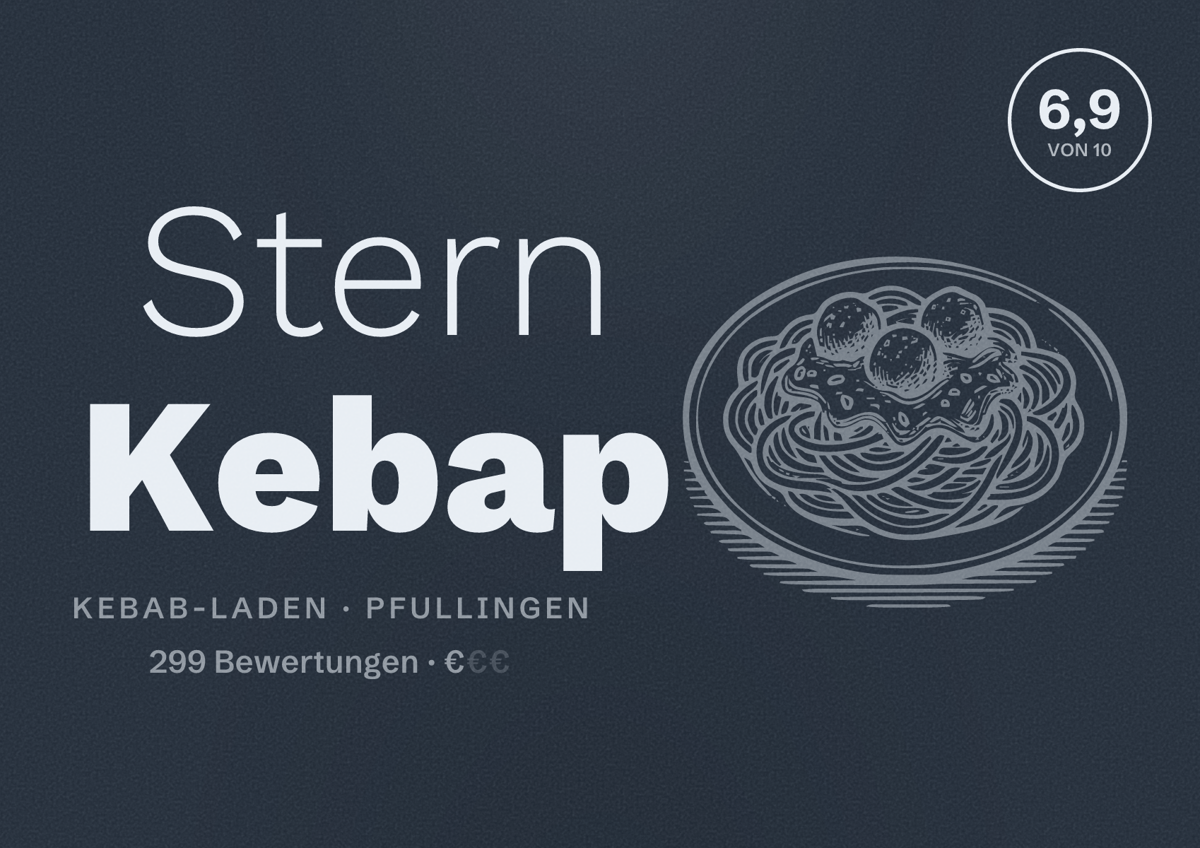 Illustriertes Poster von Stern Kebap, Kebab-Laden in Pfullingen: Bewertung 6,9 von 10 aus 299 Bewertungen, Preisniveau €