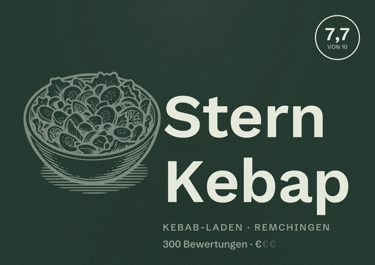 Illustriertes Poster von Stern Kebap, Kebab-Laden in Remchingen: Bewertung 7,7 von 10 aus 300 Bewertungen, Preisniveau €