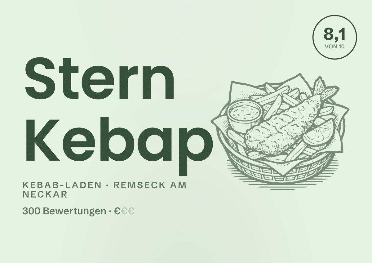 Illustriertes Poster von Stern Kebap, Kebab-Laden in Remseck am Neckar: Bewertung 8,1 von 10 aus 300 Bewertungen, Preisniveau €