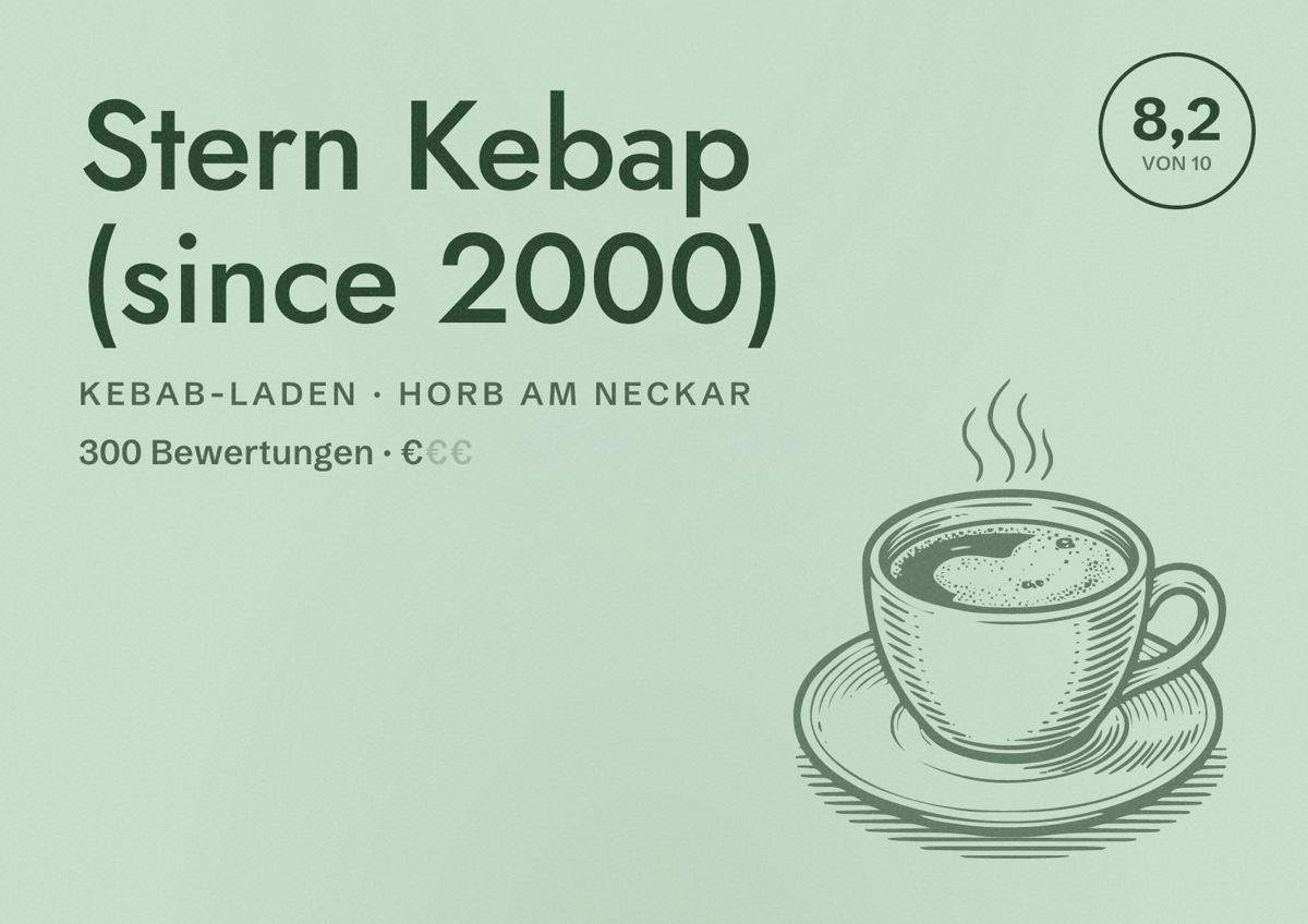 Illustriertes Poster von Stern Kebap (since 2000), Kebab-Laden in Horb am Neckar: Bewertung 8,2 von 10 aus 300 Bewertungen, Preisniveau €