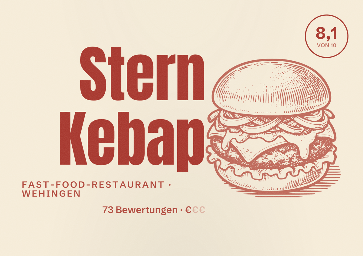 Illustriertes Poster von Stern Kebap, Fast-Food-Restaurant in Wehingen: Bewertung 8,1 von 10 aus 73 Bewertungen, Preisniveau €