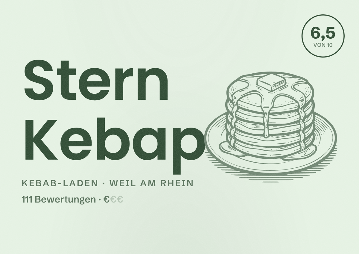 Illustriertes Poster von Stern Kebap, Kebab-Laden in Weil am Rhein: Bewertung 6,5 von 10 aus 111 Bewertungen, Preisniveau €