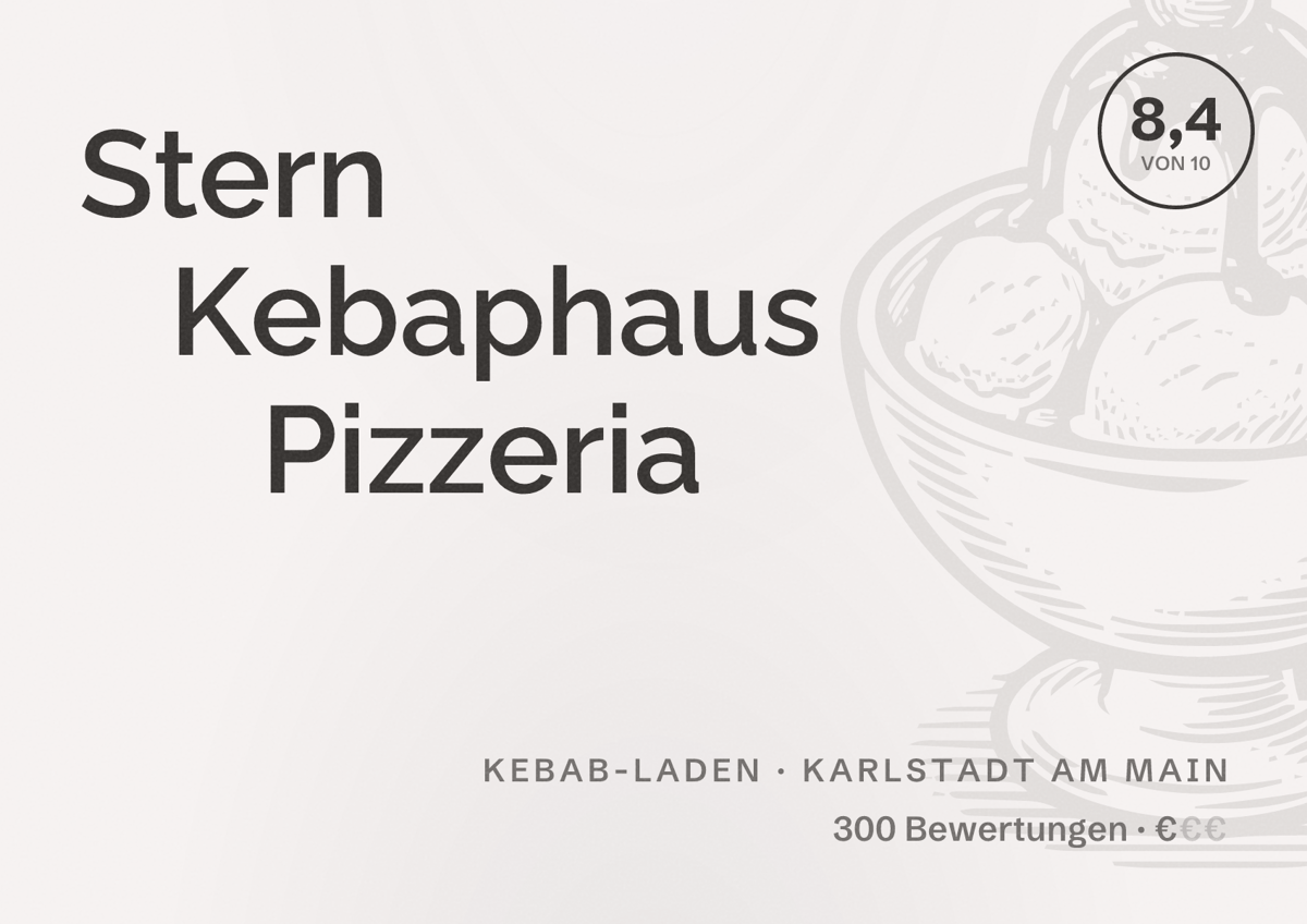 Illustriertes Poster von Stern Kebaphaus Pizzeria, Kebab-Laden in Karlstadt am Main: Bewertung 8,4 von 10 aus 300 Bewertungen, Preisniveau €