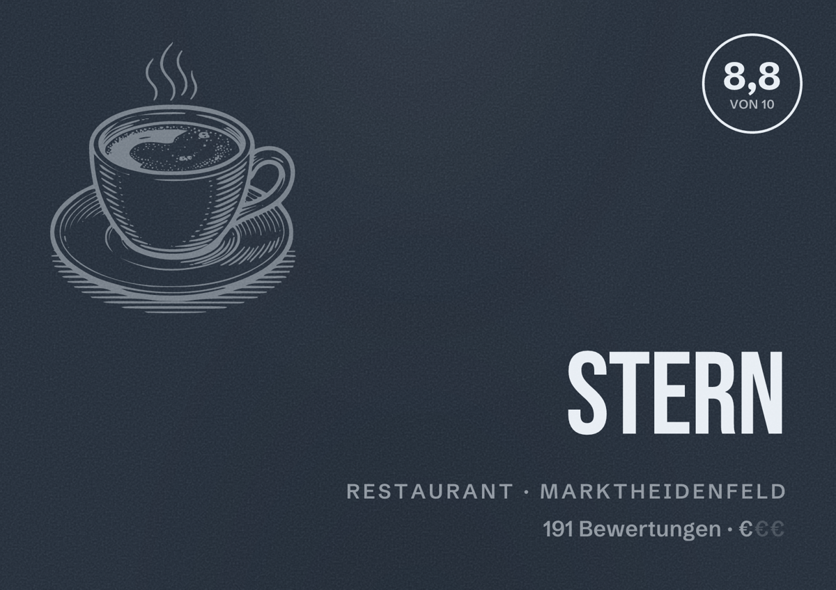 Illustriertes Poster von Stern, Restaurant in Marktheidenfeld: Bewertung 8,8 von 10 aus 191 Bewertungen, Preisniveau €