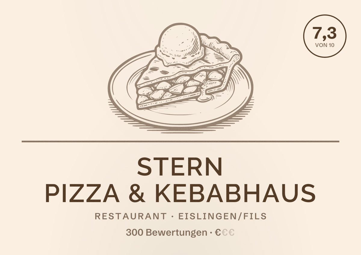 Illustriertes Poster von Stern Pizza & Kebabhaus, Restaurant in Eislingen/Fils: Bewertung 7,3 von 10 aus 300 Bewertungen, Preisniveau €