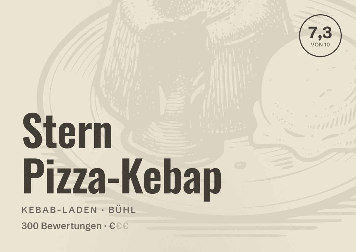 Illustriertes Poster von Stern Pizza-Kebap, Kebab-Laden in Bühl: Bewertung 7,3 von 10 aus 300 Bewertungen, Preisniveau €