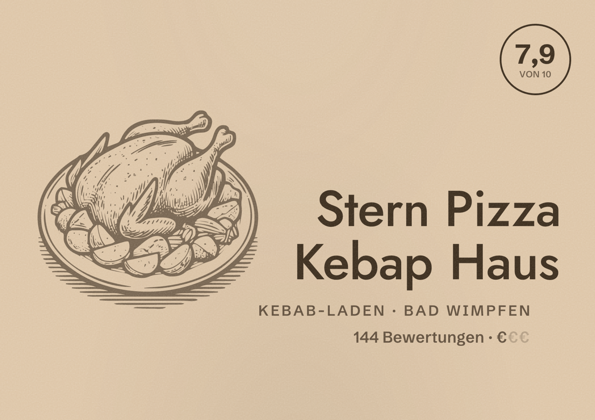 Illustriertes Poster von Stern Pizza Kebap Haus, Kebab-Laden in Bad Wimpfen: Bewertung 7,9 von 10 aus 144 Bewertungen, Preisniveau €
