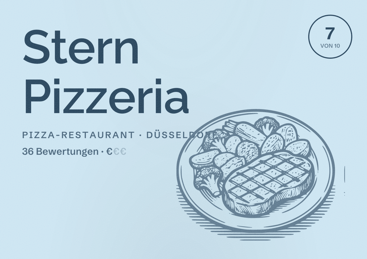 Illustriertes Poster von Stern Pizzeria, Pizza-Restaurant in Düsseldorf: Bewertung 7,0 von 10 aus 36 Bewertungen, Preisniveau €