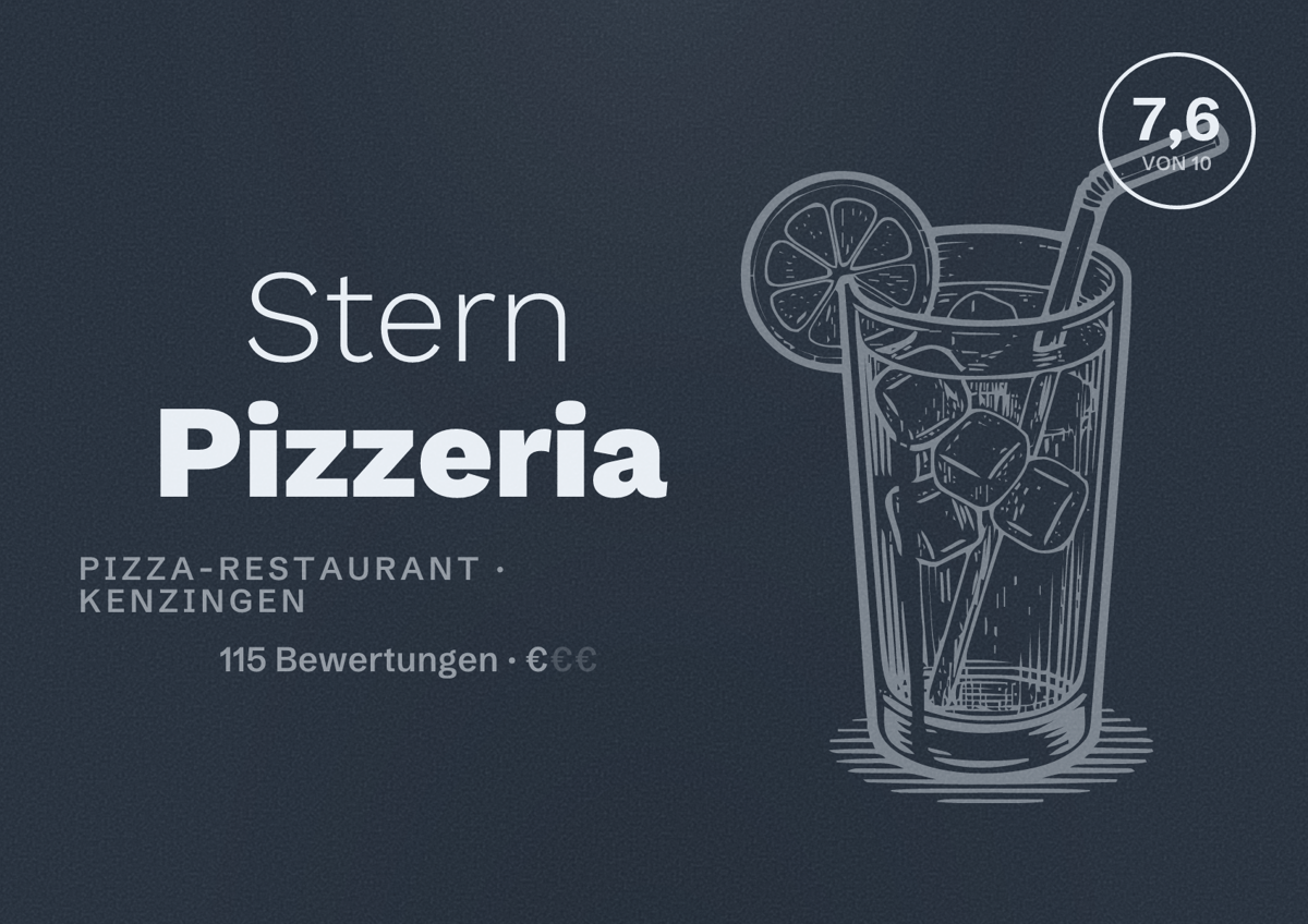 Illustriertes Poster von Stern Pizzeria, Pizza-Restaurant in Kenzingen: Bewertung 7,6 von 10 aus 115 Bewertungen, Preisniveau €