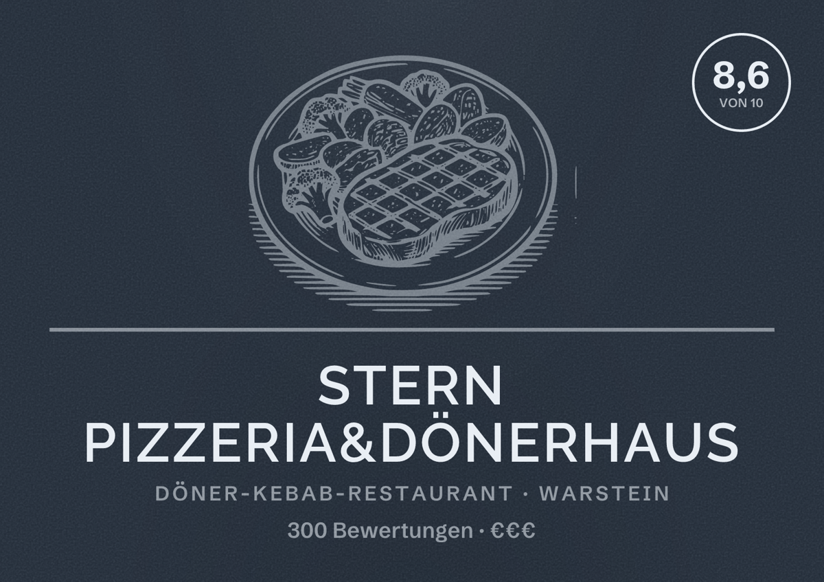 Illustriertes Poster von Stern Pizzeria&Dönerhaus, Döner-Kebab-Restaurant in Warstein: Bewertung 8,6 von 10 aus 300 Bewertungen, Preisniveau €€€