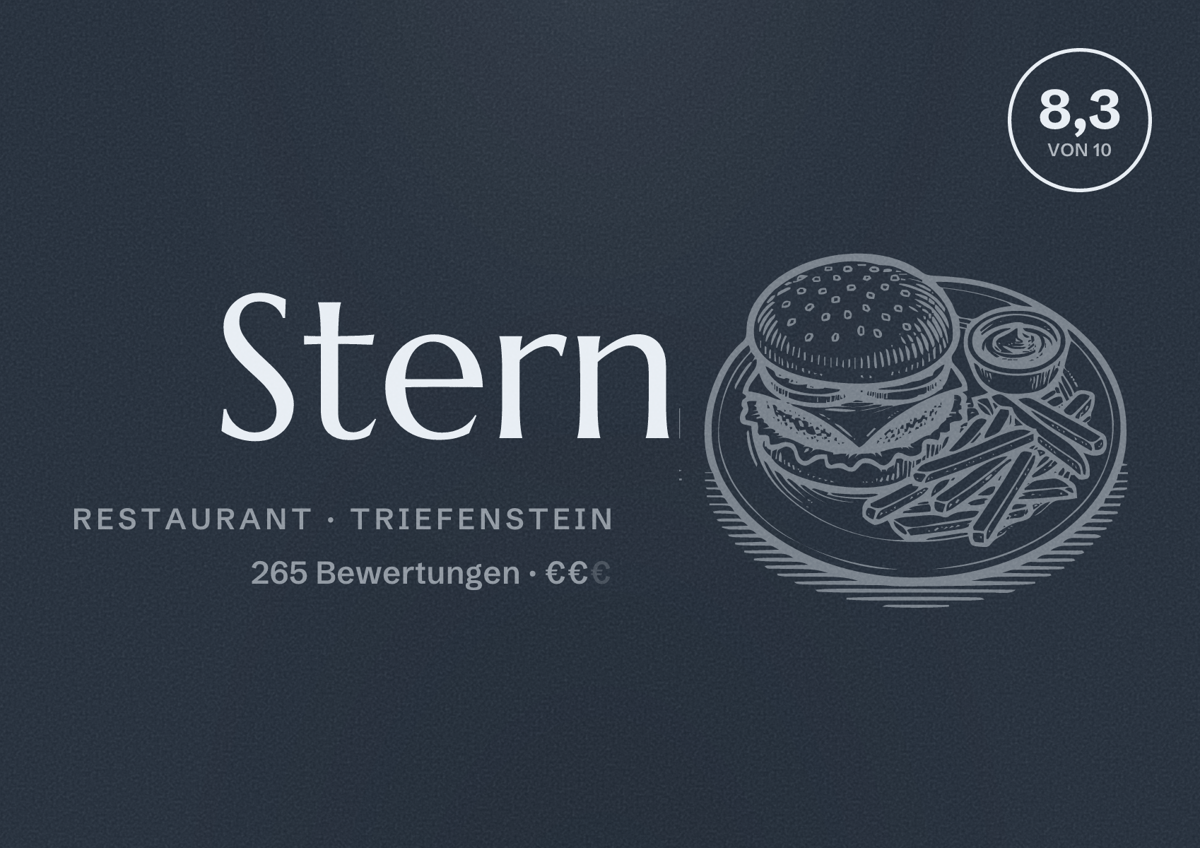 Illustriertes Poster von Stern, Restaurant in Triefenstein: Bewertung 8,3 von 10 aus 265 Bewertungen, Preisniveau €€