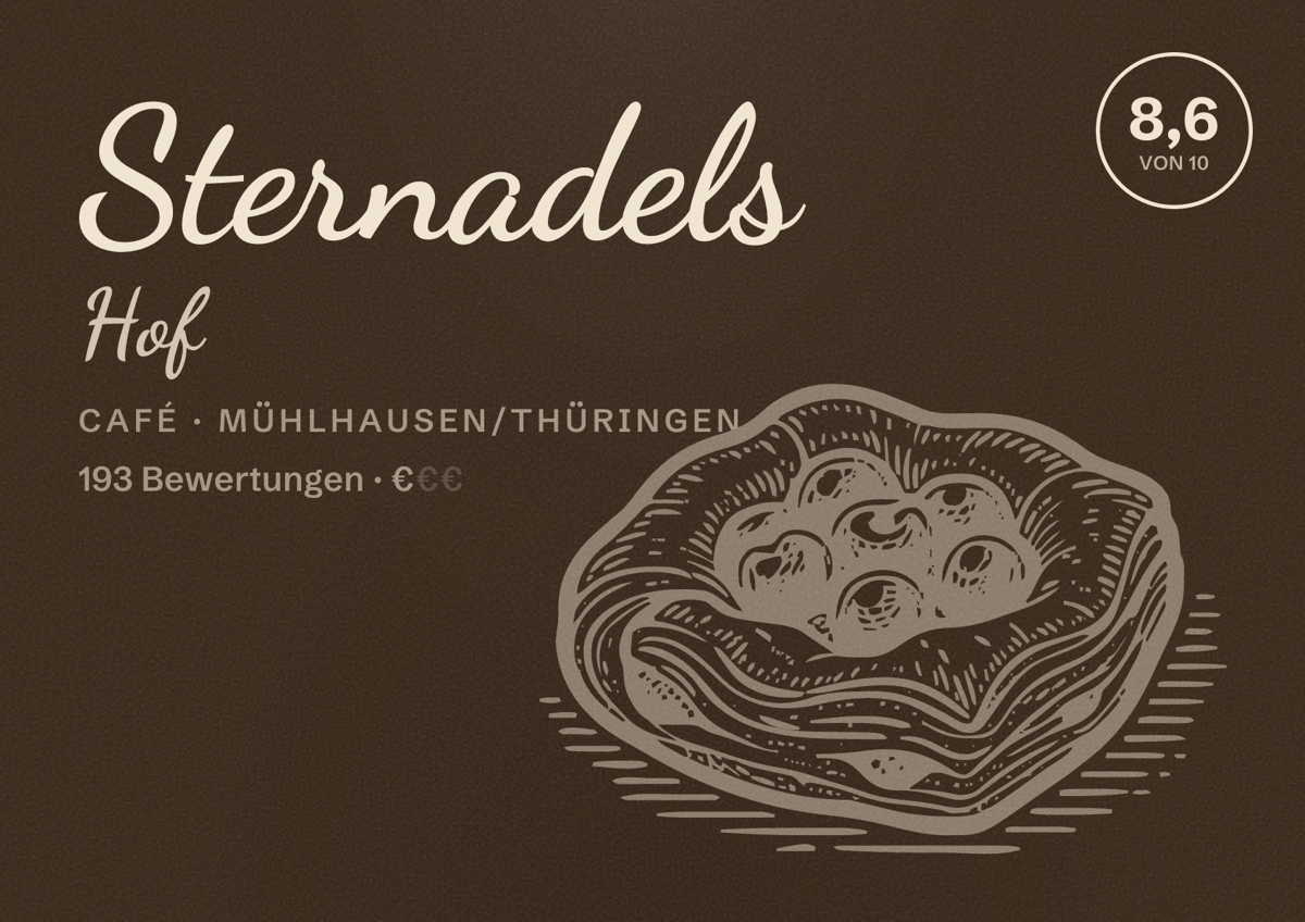 Illustriertes Poster von Sternadels Hof, Café in Mühlhausen/Thüringen: Bewertung 8,6 von 10 aus 193 Bewertungen, Preisniveau €