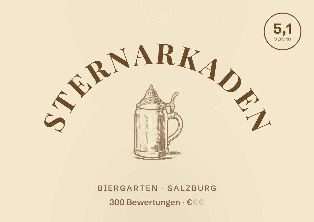 Illustriertes Poster von Sternarkaden, Biergarten in Salzburg: Bewertung 5,1 von 10 aus 300 Bewertungen, Preisniveau €