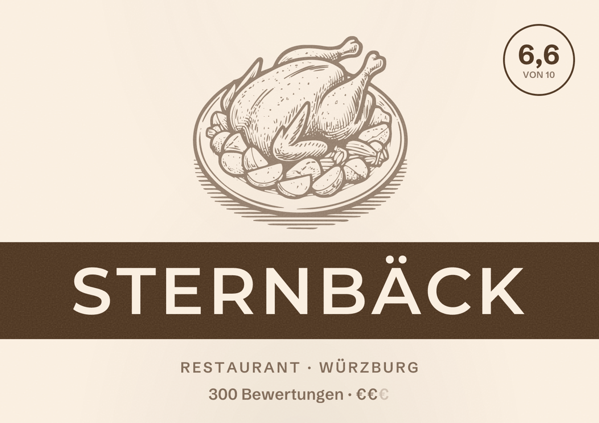 Illustriertes Poster von Sternbäck, Restaurant in Würzburg: Bewertung 6,6 von 10 aus 300 Bewertungen, Preisniveau €€