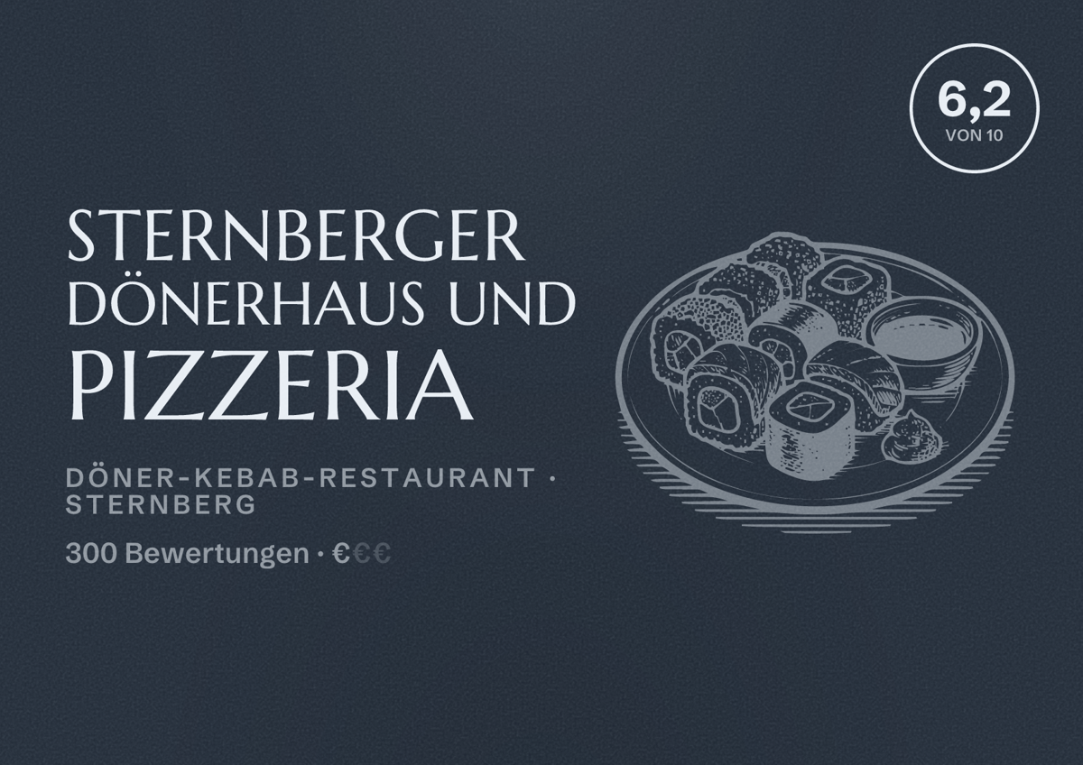 Illustriertes Poster von Sternberger Dönerhaus und Pizzeria, Döner-Kebab-Restaurant in Sternberg: Bewertung 6,2 von 10 aus 300 Bewertungen, Preisniveau €