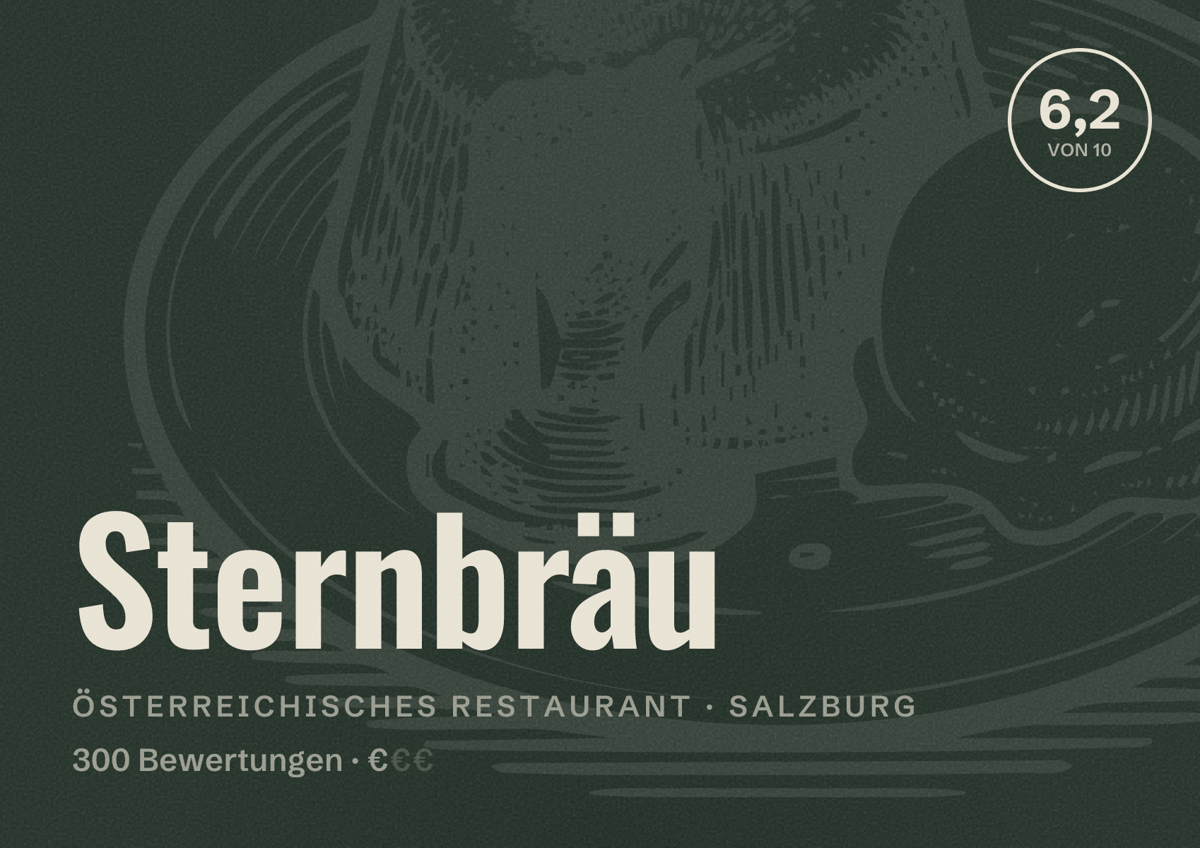 Illustriertes Poster von Sternbräu, Österreichisches Restaurant in Salzburg: Bewertung 6,2 von 10 aus 300 Bewertungen, Preisniveau €