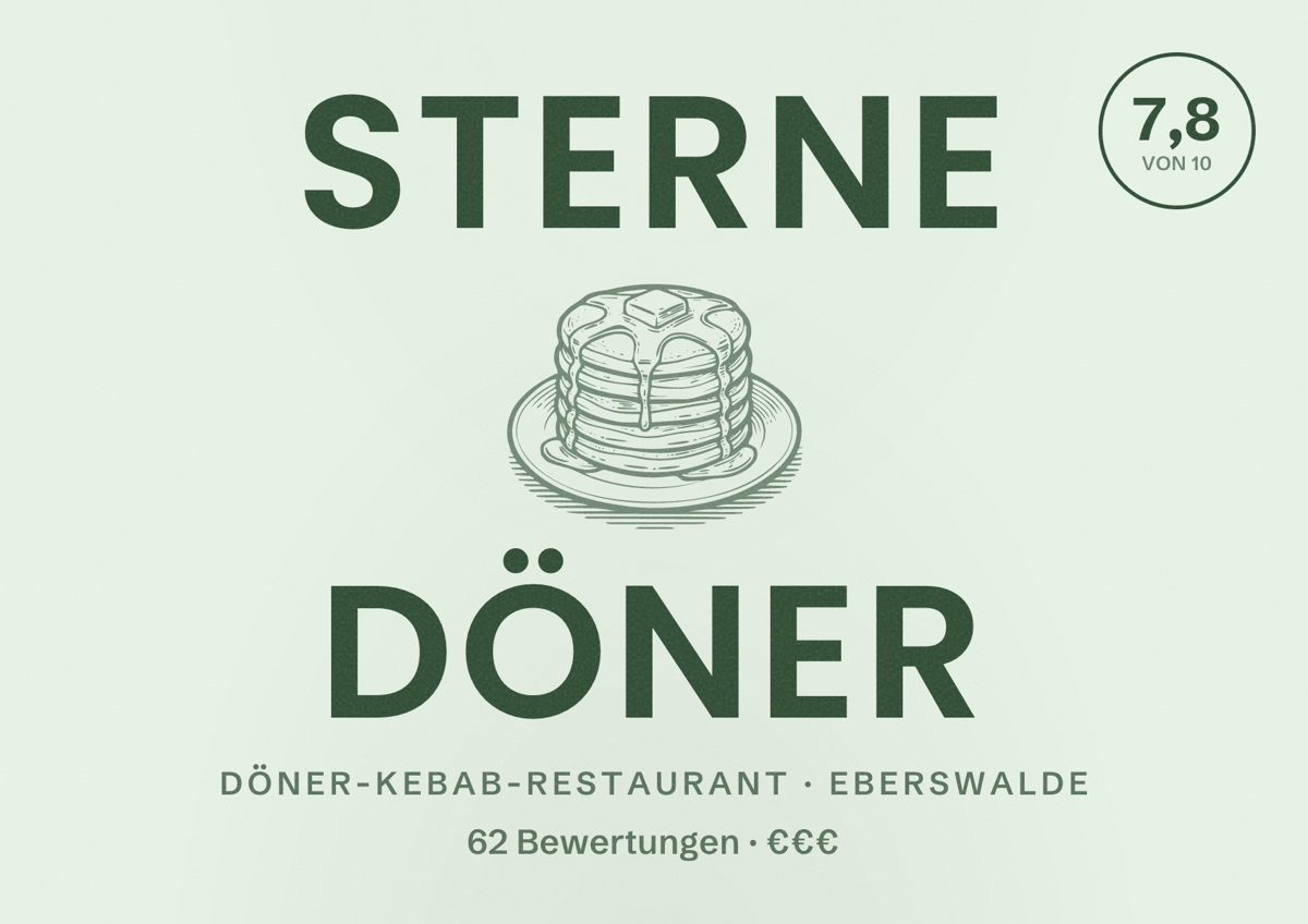 Illustriertes Poster von Sterne Döner, Döner-Kebab-Restaurant in Eberswalde: Bewertung 7,8 von 10 aus 62 Bewertungen, Preisniveau €€€