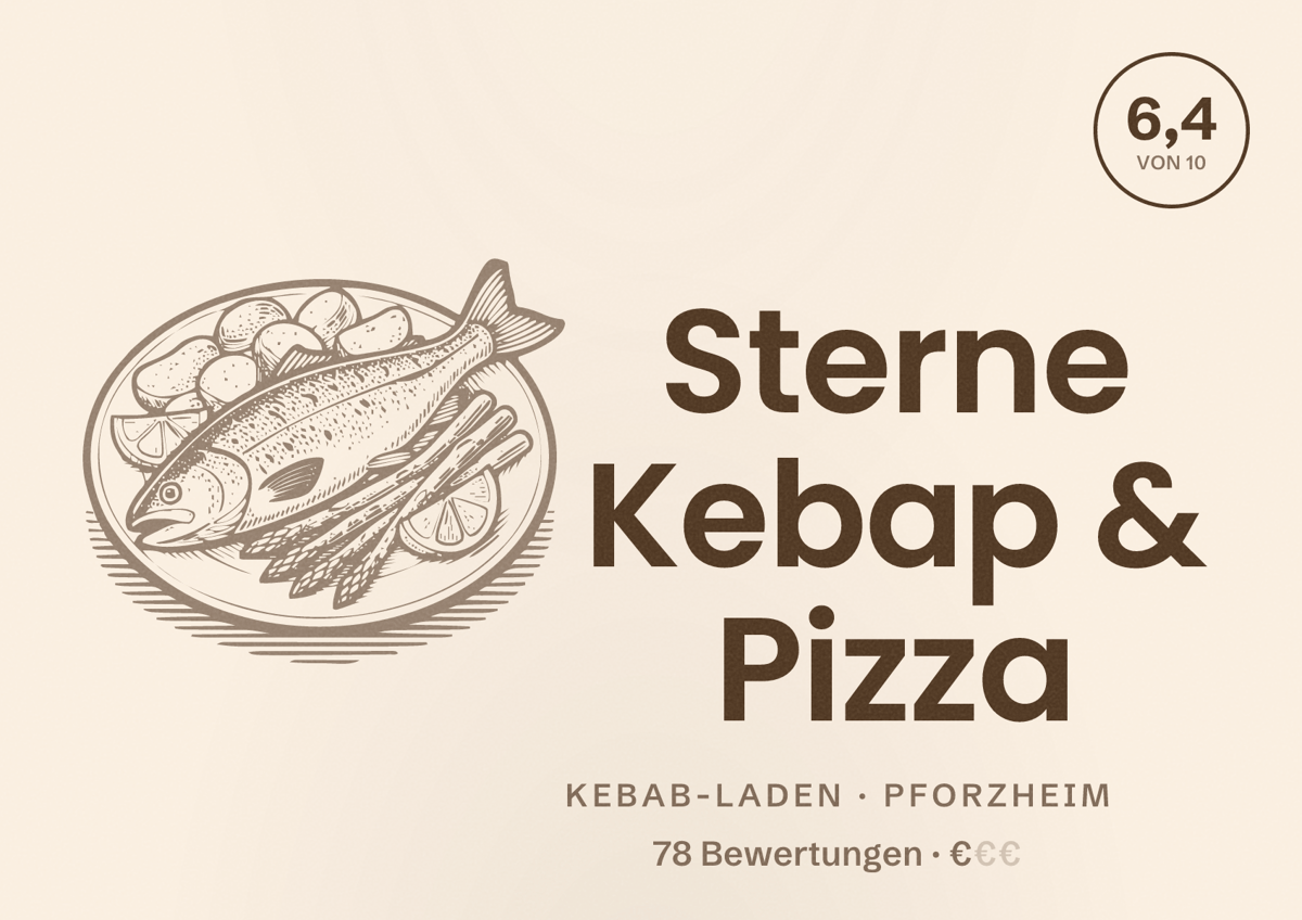 Illustriertes Poster von Sterne Kebap & Pizza, Kebab-Laden in Pforzheim: Bewertung 6,4 von 10 aus 78 Bewertungen, Preisniveau €