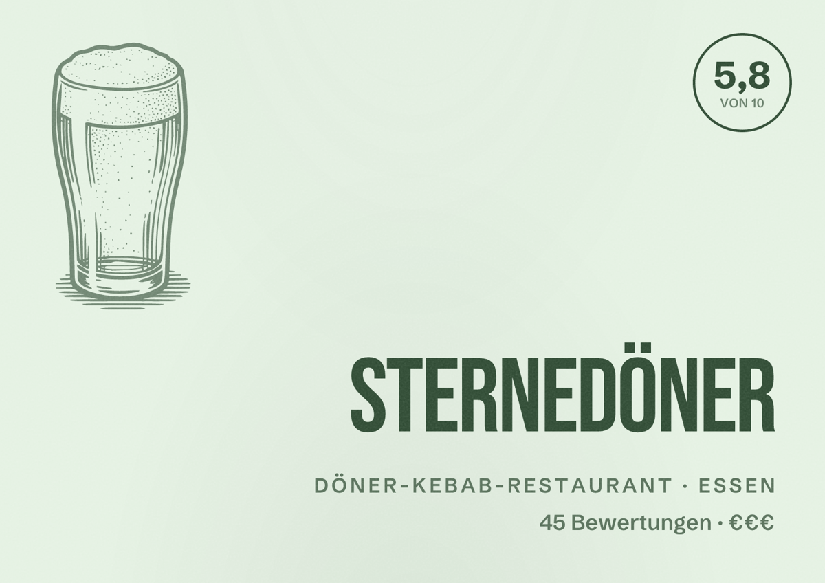 Illustriertes Poster von Sternedöner, Döner-Kebab-Restaurant in Essen: Bewertung 5,8 von 10 aus 45 Bewertungen, Preisniveau €€€