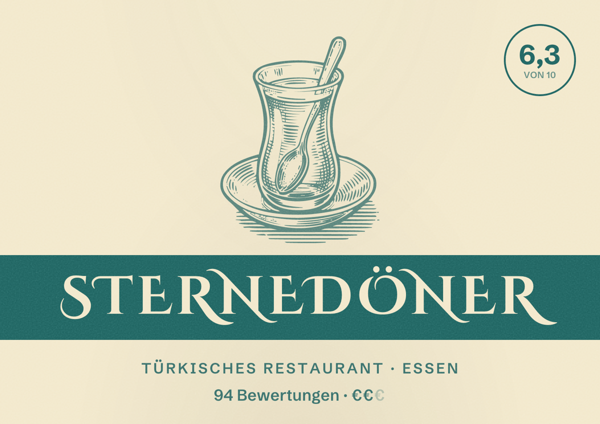 Illustriertes Poster von Sternedöner, Türkisches Restaurant in Essen: Bewertung 6,3 von 10 aus 94 Bewertungen, Preisniveau €€