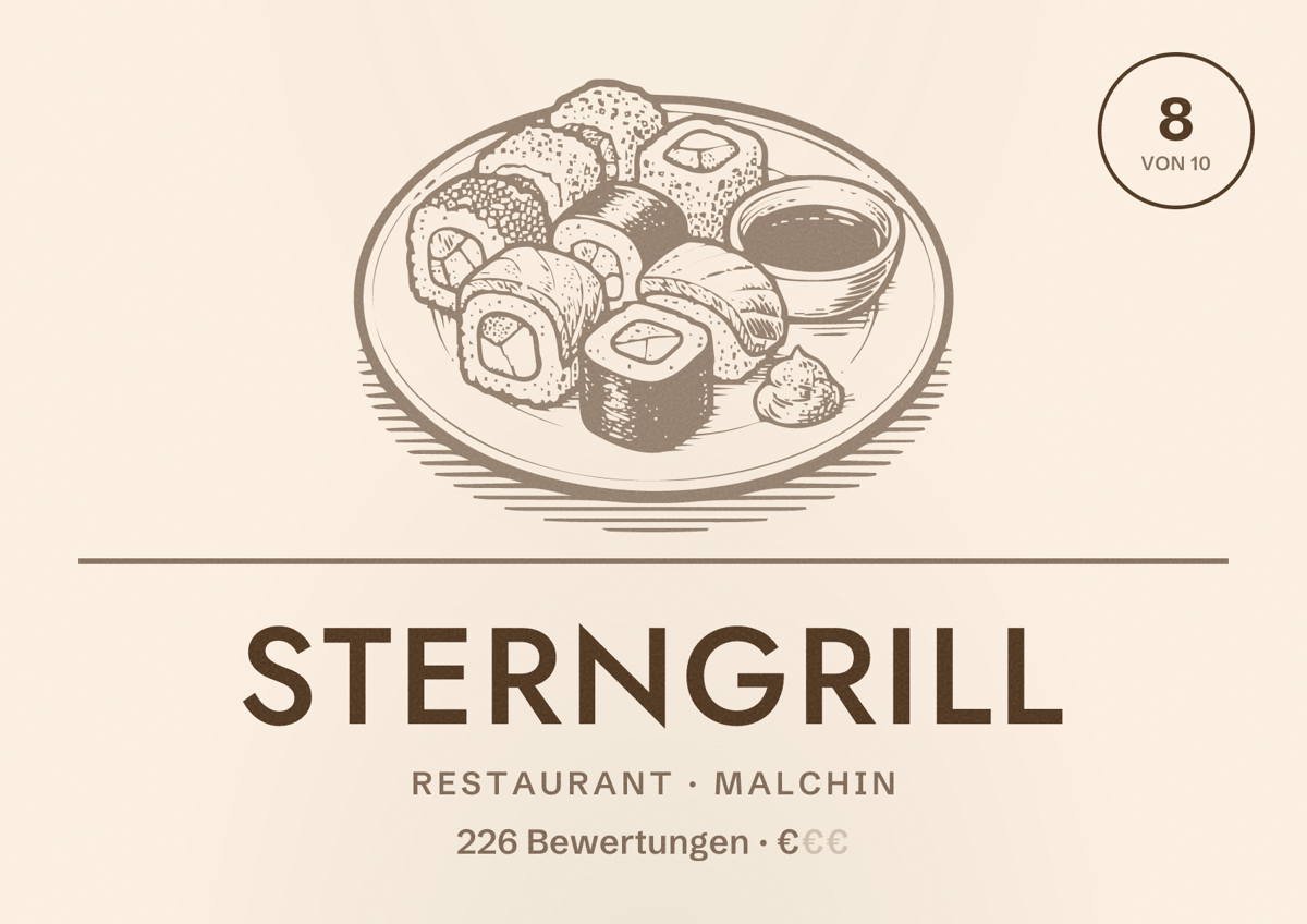 Illustriertes Poster von Sterngrill, Restaurant in Malchin: Bewertung 8 von 10 aus 226 Bewertungen, Preisniveau €