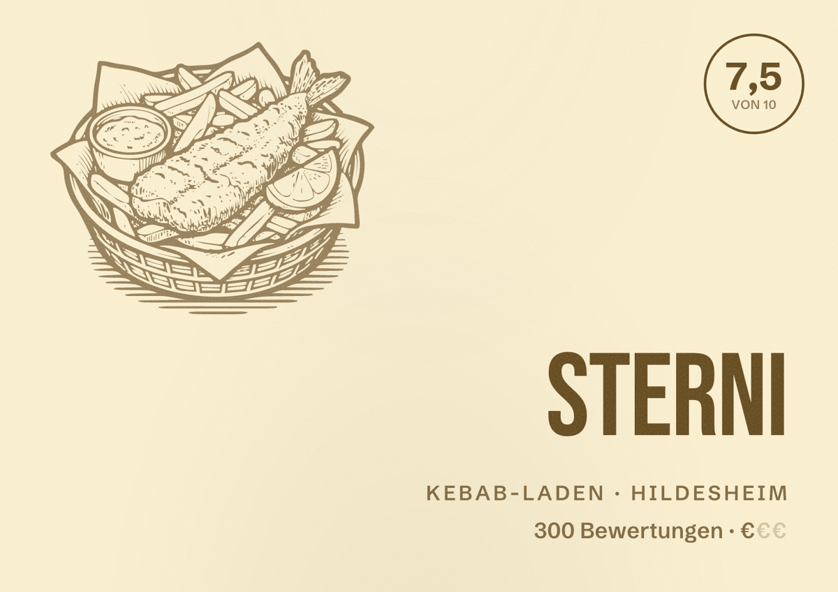 Illustriertes Poster von Sterni, Kebab-Laden in Hildesheim: Bewertung 7,5 von 10 aus 300 Bewertungen, Preisniveau €
