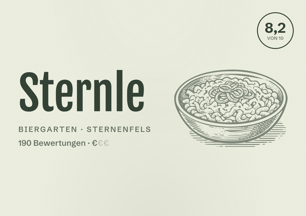 Illustriertes Poster von Sternle, Biergarten in Sternenfels: Bewertung 8,2 von 10 aus 190 Bewertungen, Preisniveau €