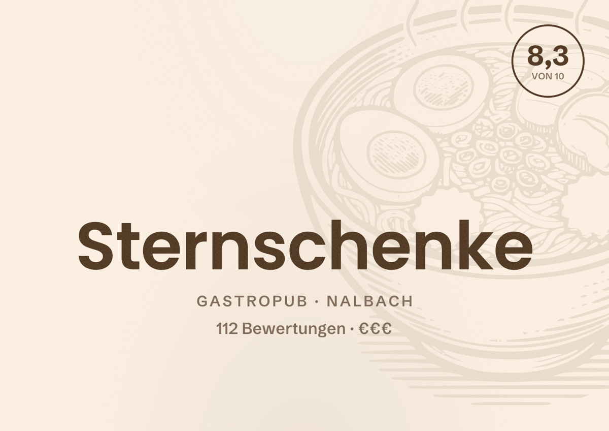Illustriertes Poster von Sternschenke, Gastropub in Nalbach: Bewertung 8,3 von 10 aus 112 Bewertungen, Preisniveau €€€