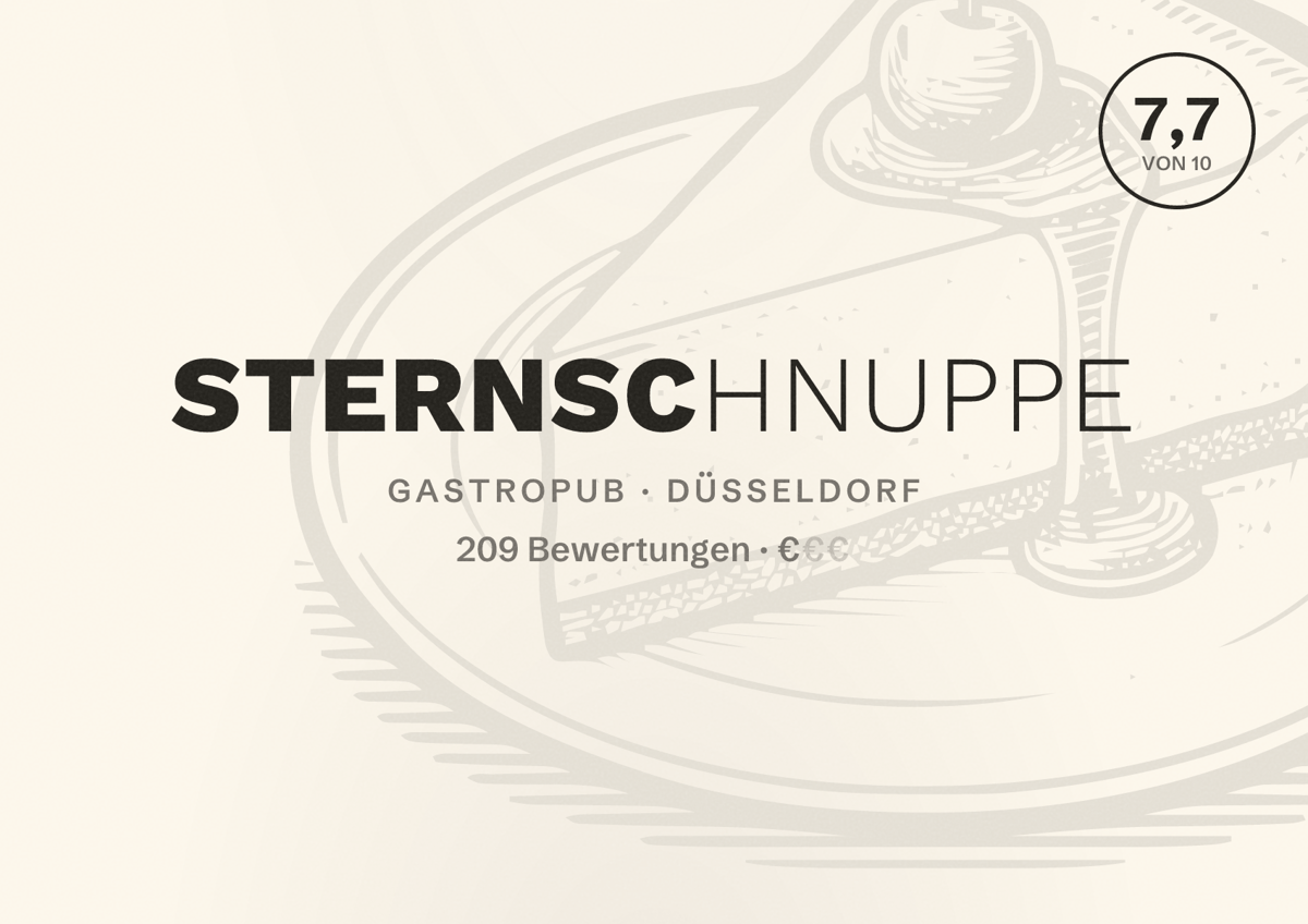 Illustriertes Poster von Sternschnuppe, Gastropub in Düsseldorf: Bewertung 7,7 von 10 aus 209 Bewertungen, Preisniveau €