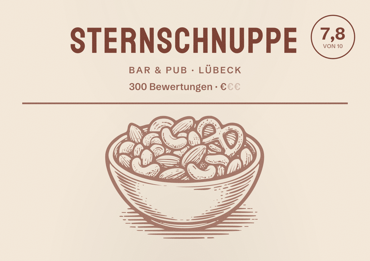 Illustriertes Poster von Sternschnuppe, Bar & Pub in Lübeck: Bewertung 7,8 von 10 aus 300 Bewertungen, Preisniveau €
