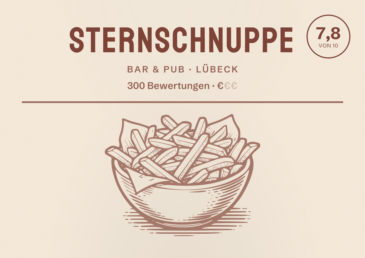 Illustriertes Poster von Sternschnuppe, Bar & Pub in Lübeck: Bewertung 7,8 von 10 aus 300 Bewertungen, Preisniveau €