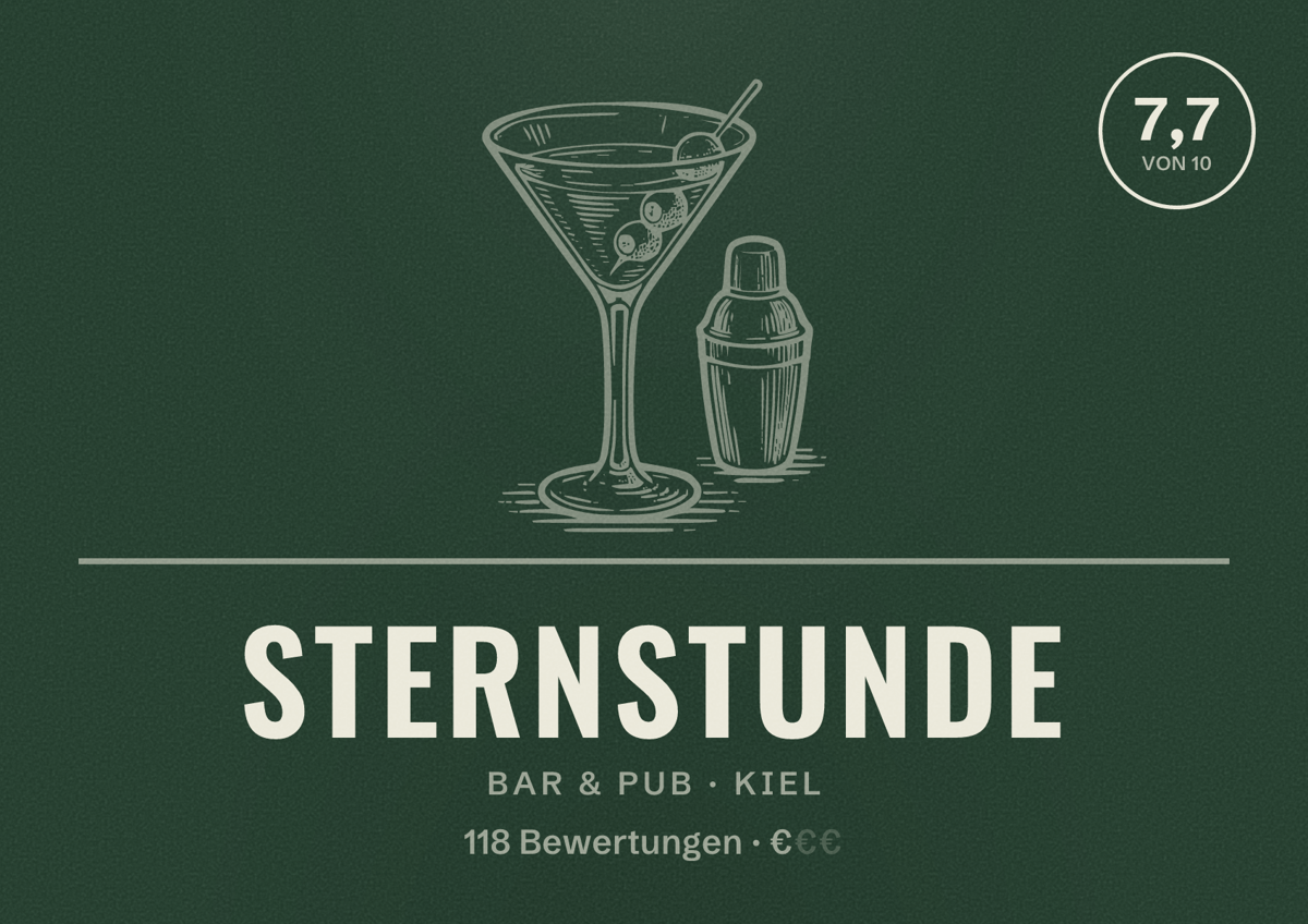 Illustriertes Poster von Sternstunde, Bar & Pub in Kiel: Bewertung 7,7 von 10 aus 118 Bewertungen, Preisniveau €